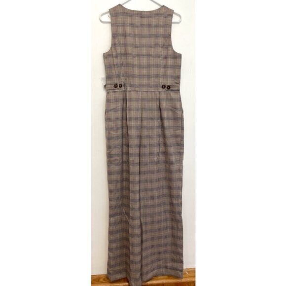NEW NWT MODCLOTH Plaid Appeal Vest Jumpsuit Tan Brown Blue Sleeveless Retro 70s - Picture 12 of 16